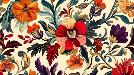 Sticker - Vibrant Floral Pattern with Red, Orange, and Purple Flowers.