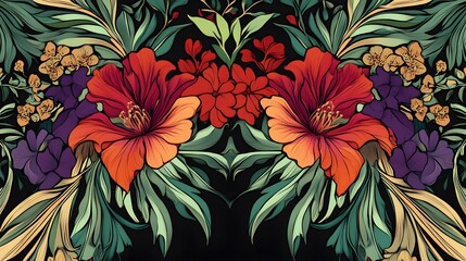 Sticker - Vibrant Floral Pattern with Red and Yellow Flowers.