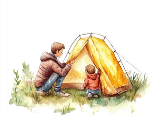 Wall Mural - Charming watercolor depicting a family setting up a cozy camping tent in a serene natural landscape with a lake trees and mountains in the background  Capturing the adventure tranquility