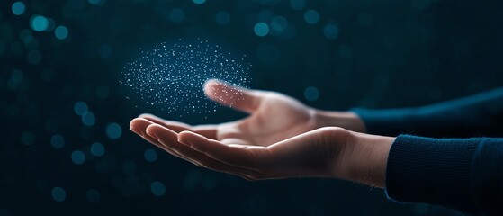 A pair of hands reaching outward, surrounded by sparkling particles in a mystical ambiance, symbolizing hope and possibilities.