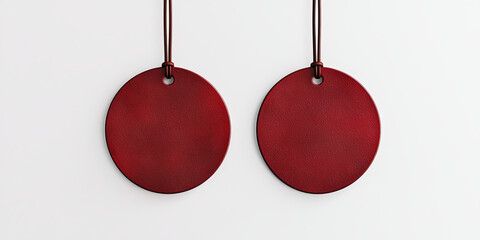 Two red round minimalistic leather tags on a white background, generative AI