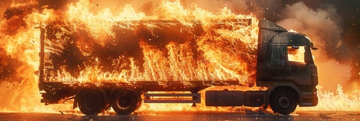 Wall Mural - A truck engulfed in flames with burning cargo