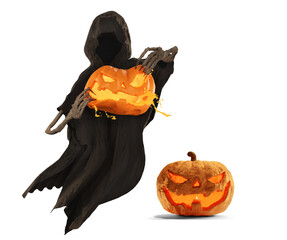 A ghost a demon with a black cape tears a Halloween pumpkin with bare hands, floating, scary horror and Halloween, 3D illustration, isolated