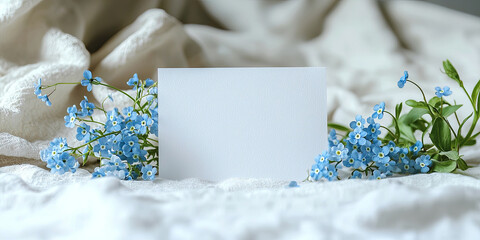 Wall Mural - A blank white card with blue flowers, generative AI