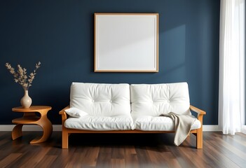 A minimalist living room with blank framed wall art a white sofa, wooden furniture,