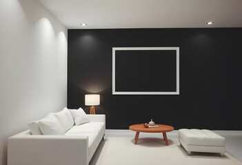 A minimalist living room with blank framed wall art a white sofa, wooden furniture,