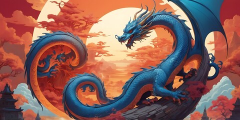 Stylized, digital artwork featuring a mythical dragon as the central subject 