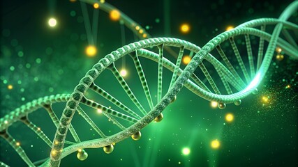 Abstract modern 3D rendering of a DNA strand against a blue background made up of glowing points connected by lines