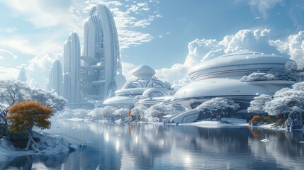 Wall Mural - Futuristic Cityscape with Snowy Landscape