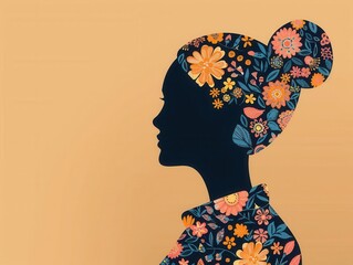 Intricate floral silhouette, cultural woman, decorative folk art, flat design illustration