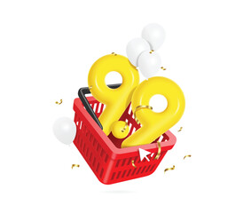 Wall Mural - Number 9.9 yellow 3D and white balloons Place in red shopping basket for mega sale campaign promotion design on the ninth day of the ninth month, vector isolated on white background for banner design