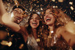 © lashkhidzetim - Three people are celebrating with confetti falling around them. They are smiling and enjoying the moment. Scene is joyful and festive