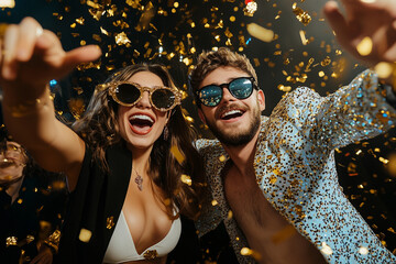 man and woman are smiling and posing for a picture in a gold-covered room. The man is wearing a gold jacket and the woman is wearing sunglasses. Scene is happy and celebratory