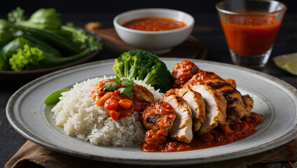 Mandi rice plate with grilled chicken, served with spicy tomato sauce and fresh vegetables