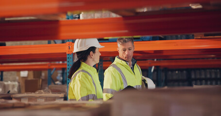 Poster - Logistics, colleagues and walking in factory, inspector and inventory of stock for shipping and talking. Communication, helmet and people in warehouse for supply chain, team and inspection of cargo