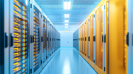 A row of computer servers with yellow and white doors.