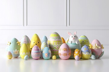 Wall Mural - A vibrant and whimsical display of beautifully crafted Easter eggs,