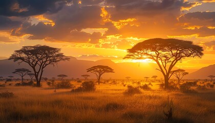 African savanna at sunset, silhouetted acacia trees, golden light, and expansive landscape, creating a serene atmosphere