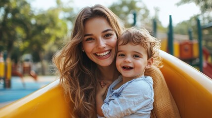 Playground, mother and son on a slide, dynamic action, carefree joy