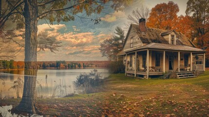 Wall Mural - Autumnal Lake House in Rustic Setting