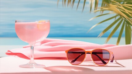 Wall Mural - Photograph of a playful summer beach scene with a pink beach towel, sunglasses