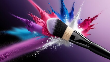 Wall Mural - Vibrant and dynamic image featuring a makeup brush against a gradient background of deep purples and blues 