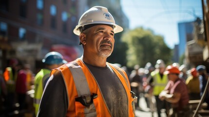 Photograph of a seasoned construction worker wearing a hard hat and safety vest,