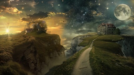 Wall Mural - Two Houses on Clifftops Separated by Day and Night