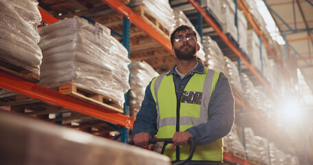 Canvas Print - Box, packaging and man with trolley in warehouse for supply chain, logistics and inventory distribution. Dropshipping, picker and supplier with stock by shelf for order loading, shipping and delivery