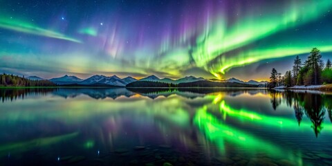 aurora borealis reflection over mountain lake, night sky, northern lights, landscape photography, al
