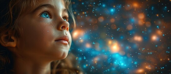 Wall Mural - Little Girl Gazing at the Sparkling Night Sky