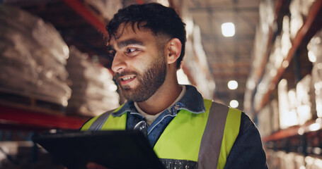 Sticker - Smile, stock and tablet with man in warehouse for online order of distribution or shipping for delivery. Inventory, logistics and supply chain with happy person in depot for checklist or inspection