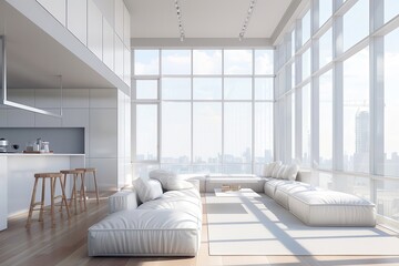 Wall Mural - Big Windows. Modern Light Apartment Interior Illustration with White Sofa and Minimalist Design