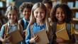 © Five Million Stocks - Portrait of cheerful smiling diverse schoolchildren standing posing in classroom holding notebooks and backpacks looking at camera happy after school reopen. Diversity. Back to school concept