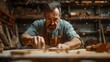 © Sunshine - Skilled Craftsman Working with Wood in Workshop, Creating Handmade Furniture with Precision and Dedication