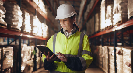 Poster - Retail, stock and tablet with woman in warehouse for online order of distribution or shipping for delivery. Inventory, logistics and supply chain in storage depot for cargo checklist or inspection