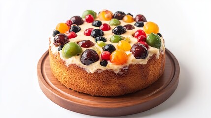 Wall Mural - A fruit cake is presented on a wooden plate, set against a white background.