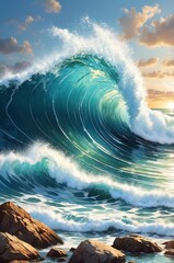 Wall Mural - abstract glass mosaic ocean waves crashing on rocks po background