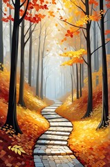 Wall Mural - abstract glass mosaic autumn forest path portrait background