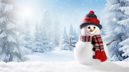 A cheerful snowman with a red scarf and a top hat stands in a serene snowy landscape, surrounded by snow-covered pine trees. The snowman is smiling