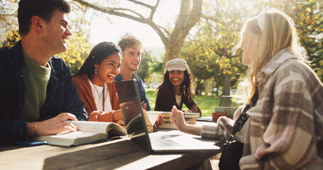 Poster - Group, happy and friends studying outdoor on school break, discussion and laughing for funny joke in summer. Smile, people and students with laptop, books and education for bonding together at park
