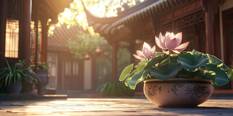 Canvas Print - A pot of lotus flowers in the courtyard, generative AI