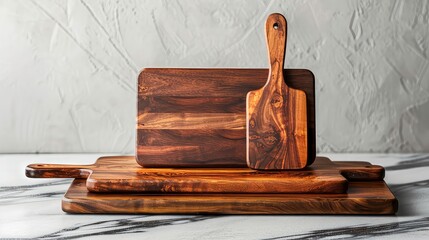 Three wooden cutting boards with a wooden spatula, one on top and two stacked below on a white marble countertop.