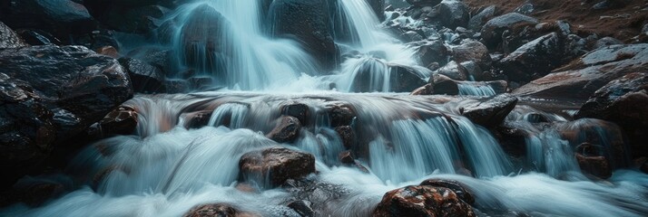 Wall Mural - Tranquil waterfall flowing over rocks with silky blurred effect