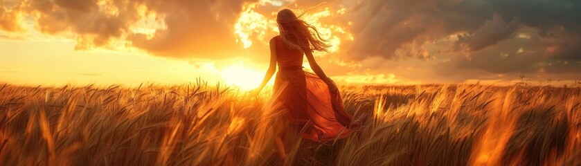 Wall Mural - Woman in Flowing Dress Walking Through Wheat Field at Sunset with Dramatic Sky