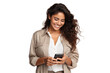 © Link Parker - Smiling Latin woman using mobile phone isolated on transparent background
