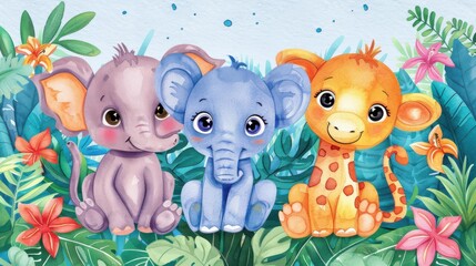 Sticker - Delight in vibrant watercolor art capturing baby jungle animals amidst lush tropical plants and blooming flowers.