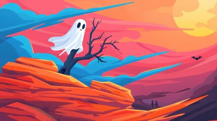 Poster - A vibrant Halloween treehouse scene filled with spooky ghost characters, perfect for a festive atmosphere.