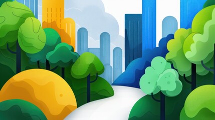 Discover the contrast of urban life and nature in this vibrant, cartoonstyle illustration showcasing skyscrapers and a lush park.