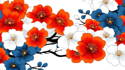 Wall Mural - Discover a vibrant flower illustration featuring Japanese traditional patterns, blending modern flat design with playful textures.